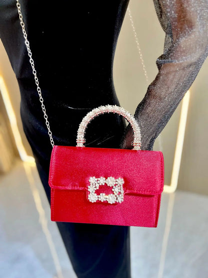 Rhinestone Faux Silk Emerald Evening Bag Silver Diamond Buckle Handle Fashion Handbags Elegant Ladies Square Bolsa Feminina