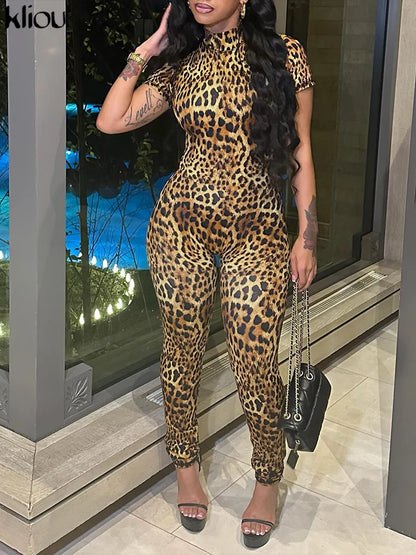 kliou Sexy Printed Women Jumpsuits Fashion New Back Hollow Full Sleeve Stand Collar Slim Overalls Female Midnight Party Clubwear