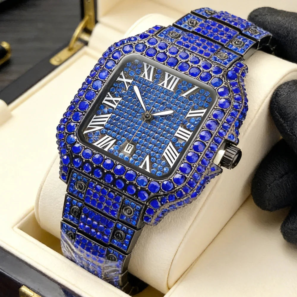 Classic Blue Black Iced Out Quartz Watch Men Full Diamond Watch Male Sliver Vintage Square Shaped Hip Hop Man AAA Clock Reloj