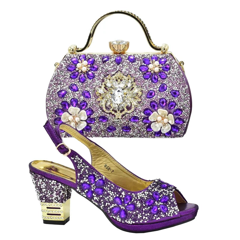 Nigerian Shoes and Matching Bags Sales in Women Matching Shoes and Bag Set for Party Rhinestone Wedding Shoes for Women Bride