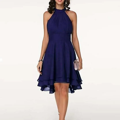 Women Elegant Dress Summer Solid High Waist Halter Sleeveless Midi Dresses Ladies Cropped Layered Chiffon Party Slim Dresses