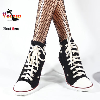 2024 NEW Spring High Heels Rivet Black Shoes Women Fashion Thin Heels Denim Canvas Shoes High Top Round Toe Lace Up Ladies Boots