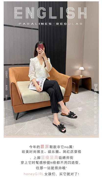 Luxury Floral Petal Flat Sandals Women 2025 Casual Slides Open Toe Sandalias Mujer Flipflops Home Slippers Femme Pantuflas Shoes
