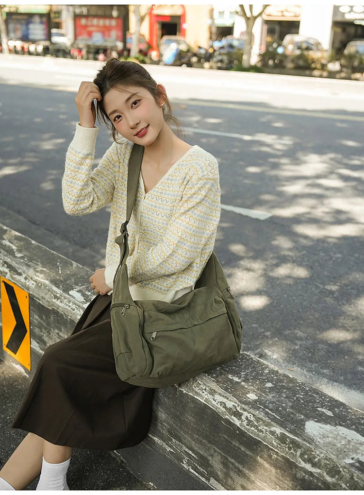 100% Cotton Shoulder Bags Women Large Capacity Canvas Tooling Packages Korea Style Cloth Crossbody Bags Solid Messenger Bags