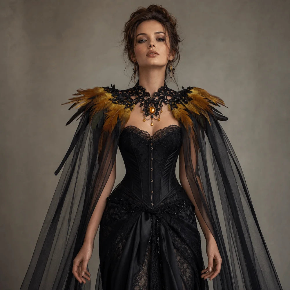Black Halloween Feather Cloak Elegant Mesh Fringe Hollow Lace Mesh Cape Fur Collar Flowing Festival Costume Cape Gothic Carnival