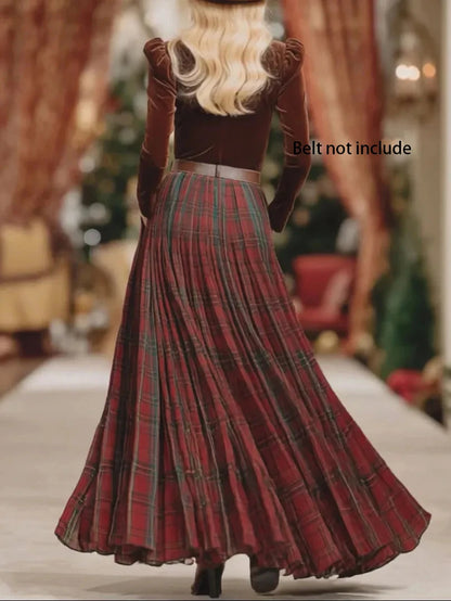 Plus-Size Women's Elegant Retro Plaid Patterned Skirt with Elastic Waist, Belt-Free, Suitable for All Seasons, Perfect for Everyday Wear and Commuting.