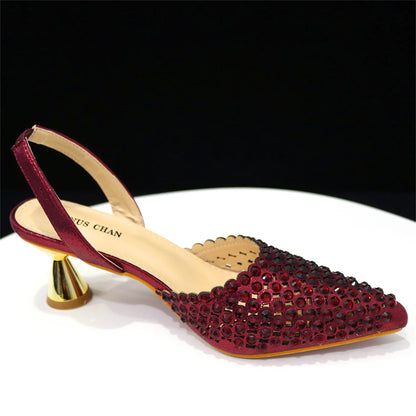 Venus Chan 2026 Elegant Women's Pointed Toe Heels - Wine Color Full Diamond Pumps with Matching Italian Shoes & Bags Set