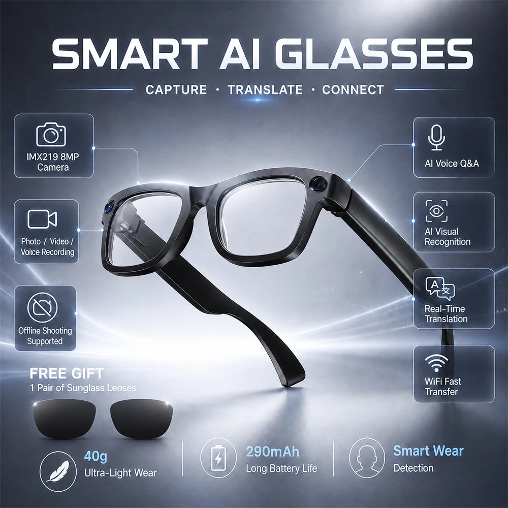 2026 New Smart Glasses 800W HD Camera AI All Things Recognition Recording and Video Calling Real-time Translation Smart Glasses