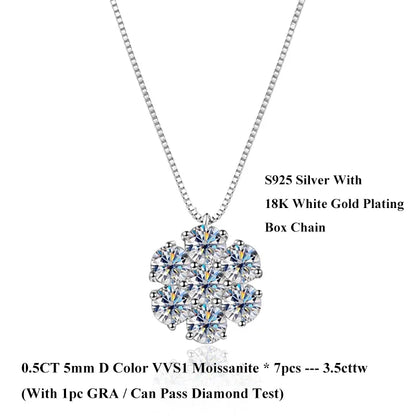 Luxu Flower Full 3/4/5mm D Color Moissanite Pendant Necklace for Woman Man 925 Silver GRA Certified 7-Stone Diamond Neck Chain