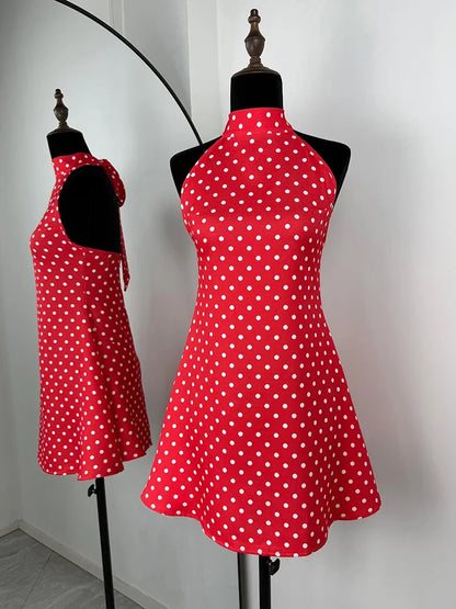 Polka Dots Halter Mini Dress Elegant Backless Sleeveless Cinched Waist Short Dresses Lace Up Skirts 2026 NEW Summer Lady Dresses