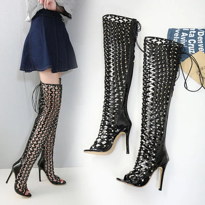 Sexy Rivet Hollow Super High Heels Shoes Women's Steel Pole Dance Over the Knee Boots Women Summer Mesh Peep Toe Sandals
