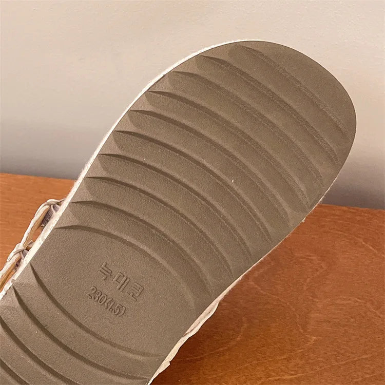Women's Woven Mary Jane Mules Flat Round Toe Slip-On Shoes with Buckle Straps and Rose Hardware Casual Balletcore Summer Sandals