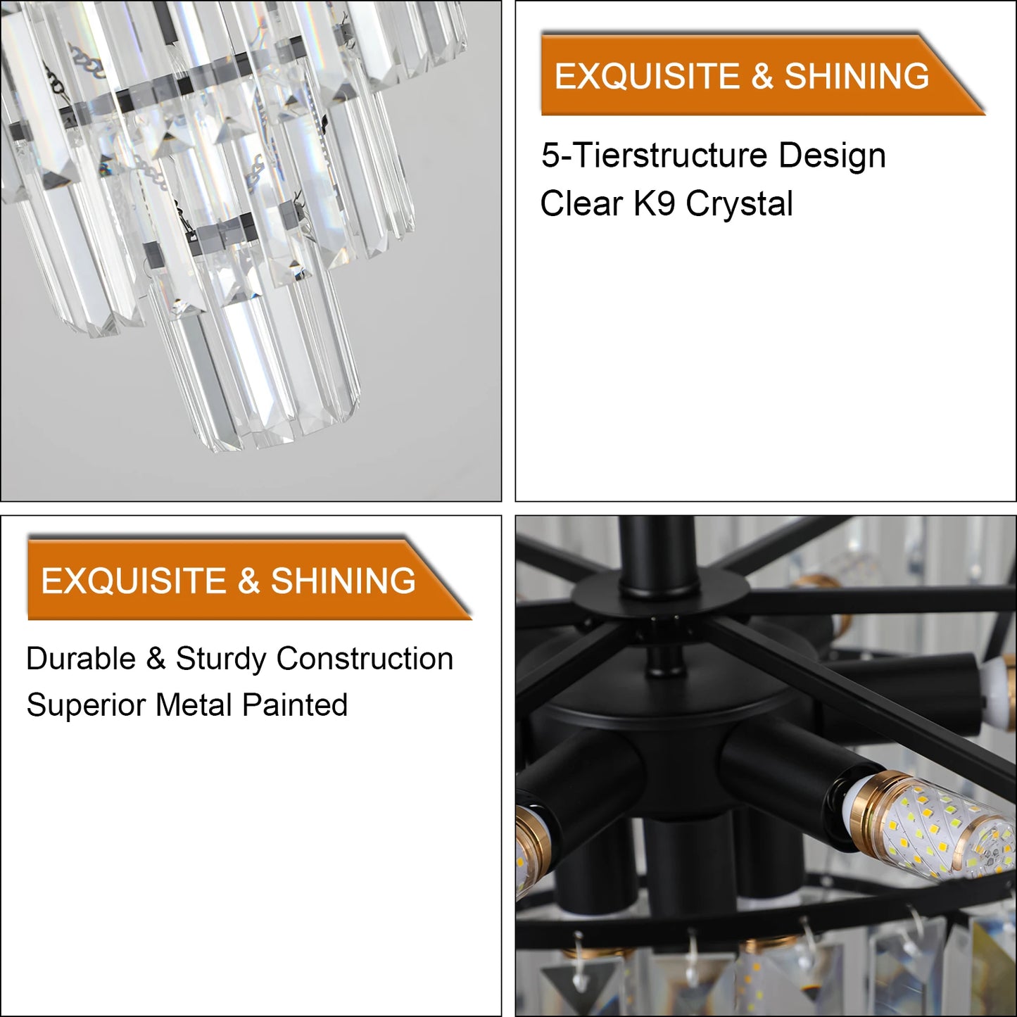20" Black Crystal Chandelier Ceiling Light, Modern Luxury 10-Light Flush Mount Light Fixture, Elegant Home Lighting