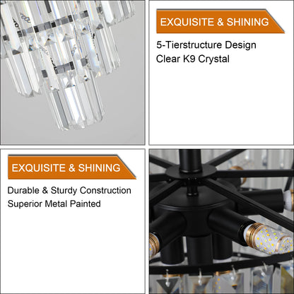 20" Black Crystal Chandelier Ceiling Light, Modern Luxury 10-Light Flush Mount Light Fixture, Elegant Home Lighting