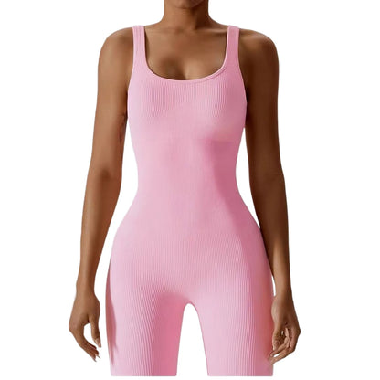 Womens Jumpsuits Sleeveless Yoga Slim Fit Stretch Screw Thread One Piece Romper Sexy Fitness Female Pink Sportwears Chest Pads