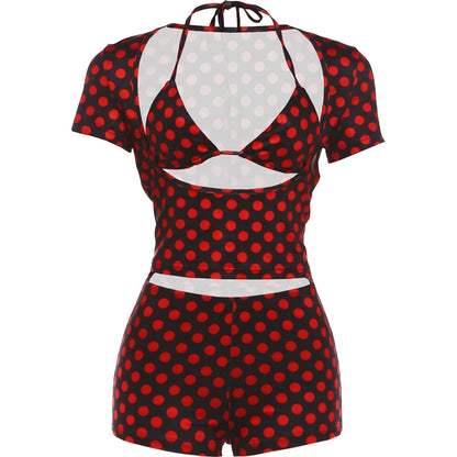 Sisterlinda Sexy Women Polka Dot Print 2 Piece Set Hollow Bandages Low-Neck Tank Top+Bike Short Street Party Vacation Suits