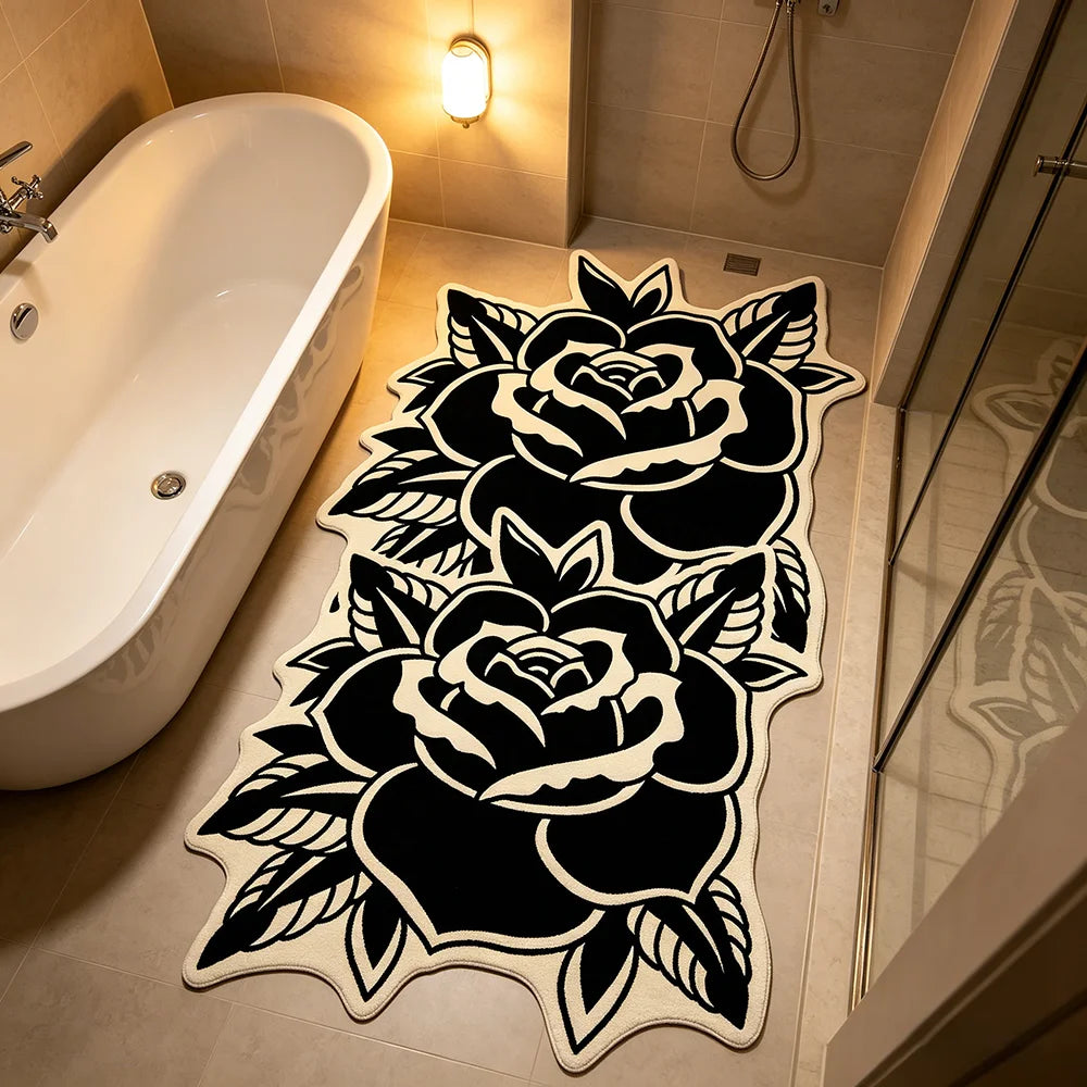 Fashion Retro Black White Rose-Shaped Living Room Carpet Light Luxury Bedroom Bedside Rug Soft Comfortable Floor Mat Home Decor
