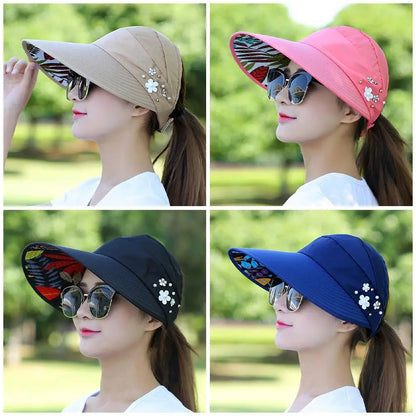 Women Summer Empty Top Sun Protection Cap Large Brim Anti-UV Ponytail Hat For Women Outdoor Travel Beach Visor Fisherman Hats