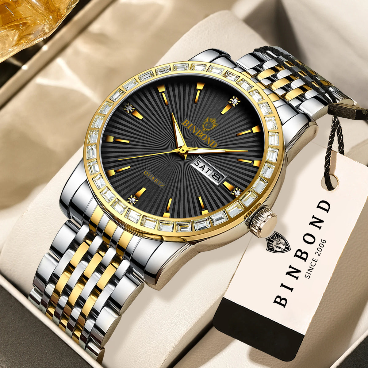 BINBOND Luxury Quartz Watches For Men Luminous Waterproof Men's Wristwatch Reloj Hombre Original Man Watch With Diamond