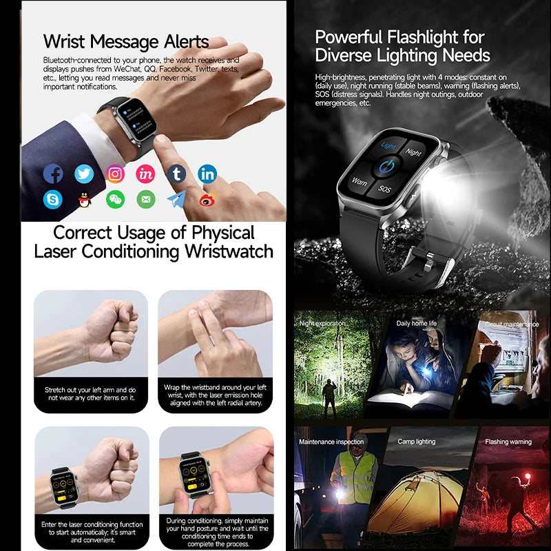 2026 New Health Smart Watch Laser Therapy Reduce Three Highs Blood Oxygen Pressure Uric Acid Blood Lipid ECG Smartwatch For Man