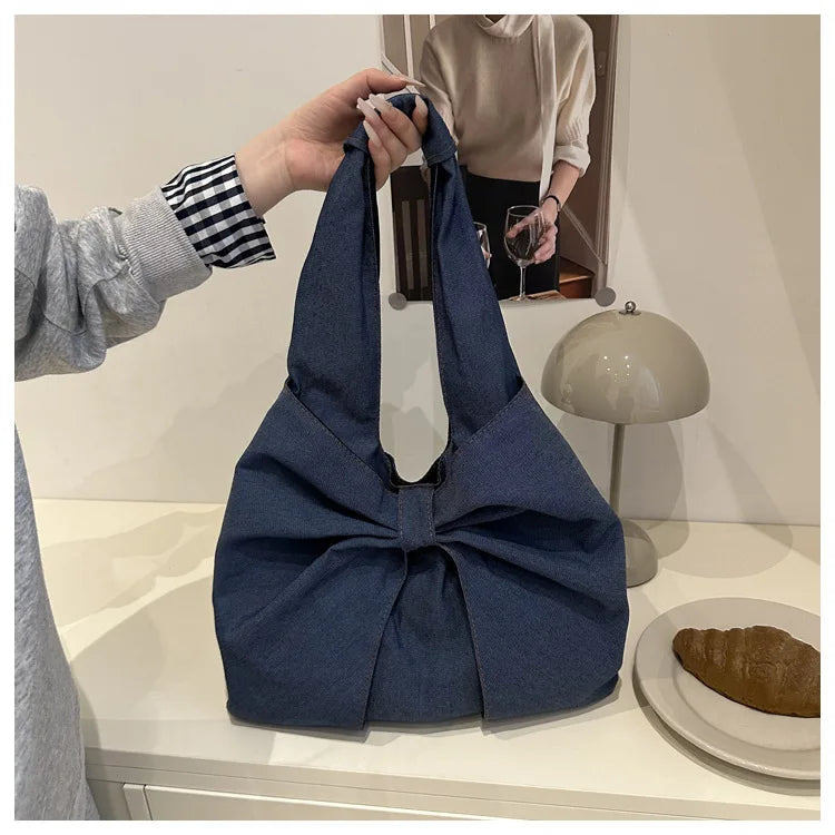 Sweet Bowknot Design Women's Denim Shoulder Bags Commuter Thread Ladies Handbags Casual Lightweight Female Underarm Tote Bag