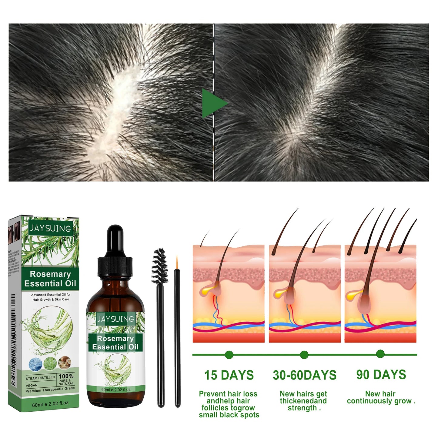 Rosemary Essential Oil 60ml Hair Growth Serum Scalp Treatment Skin Care Anti Aging Vitamin E Enriched for Thicker Hair Glowing
