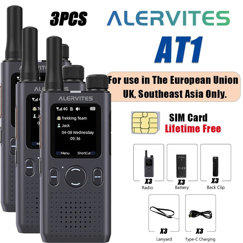 1/2/3PCS ALERVITES PoC AT1 Global Walkie Talkie Baofeng Radio 4G LTE Unlimited Distance US/EU Version OLA APP USB-C Ultra-light