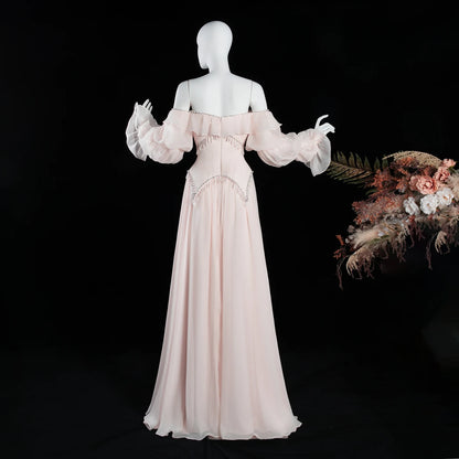 Sharon Said Evening Dresses Luxury A-Line Off Shoulder Chiffon Pearls Crystals Puff Sleeves Wedding Party Gowns SS412 Customized