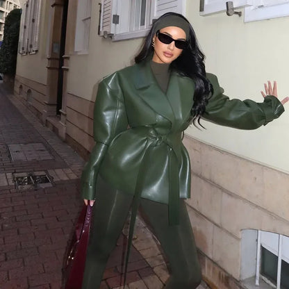 Women PU Leather Jackets Coats Solid Lapel Collar Lace Up Full Sleeve Loose Outwear Female Elegant Chic Daily Streetwear Coats
