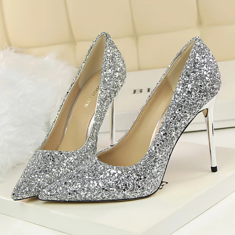Women 7cm 9.5cm High Heels Pumps Wedding Bridal Scarpins Sparkly Mid Heels Lady Party Sequins Glitter Evening Gold Silver Shoes