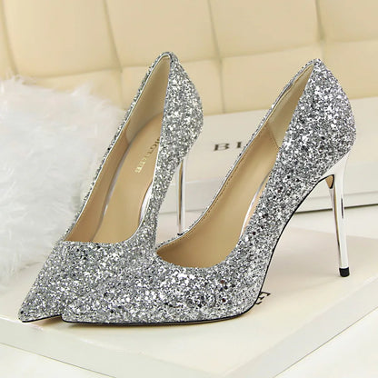 Women 7cm 9.5cm High Heels Pumps Wedding Bridal Scarpins Sparkly Mid Heels Lady Party Sequins Glitter Evening Gold Silver Shoes