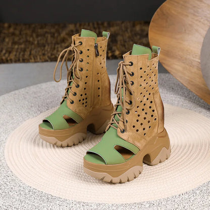 Women's Peep Toe Wedge Boots Summer Hollow Out Lace Up Side Zipper Platform Wedge Heel Breathable Fashion Retro Casual Shoes