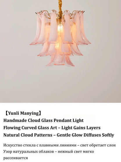 French Murano Petal Glass Chandelier Dining Table Living Room Antique Style Pink Petal Glass Pendant Chandelier Lights Bedroom