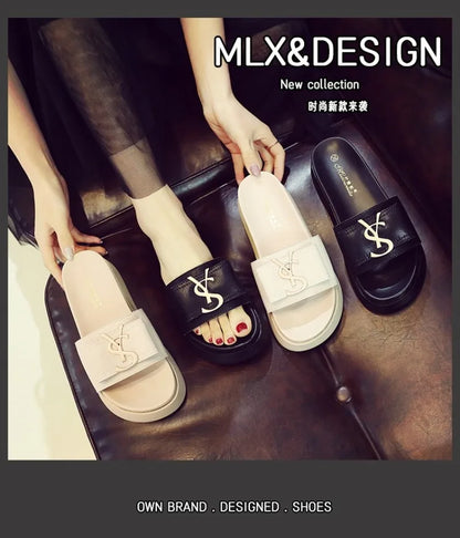 2025 Summer New Women's Fashion Letter Designer Sandals Casual Thick Bottom Round Toe Leather Beach Shoes Женские Сандалии