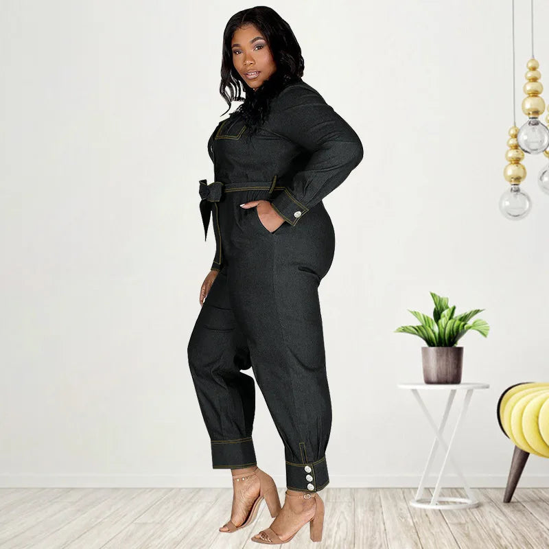 Jumpsuits Women Denim One Piece Turn Down Collar Y2k Streetwear Overalls Long Pants Lace Up High Waist Casual Spring Rompers