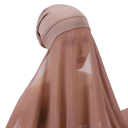 Muslim Women Bonnet + Chiffon Shawl Instant Under Scarf Cap Islam Inner Scarf Headband Stretch Hijab Cover Headwrap Turbante