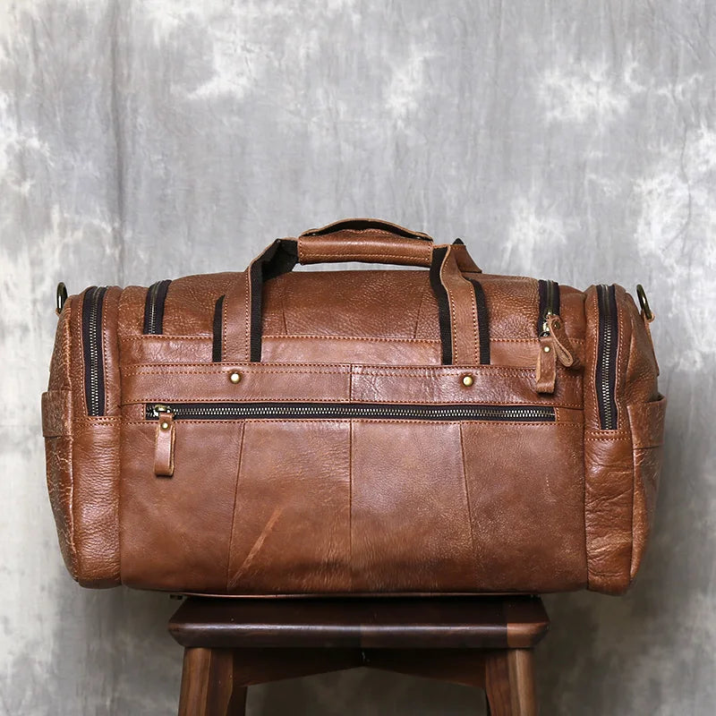 Vintage Large Capacity Men's Top Layer Cowhide Travel Bag Genuine Leather Crossbody Bag Hand-Held Short Distance Luggage Bag