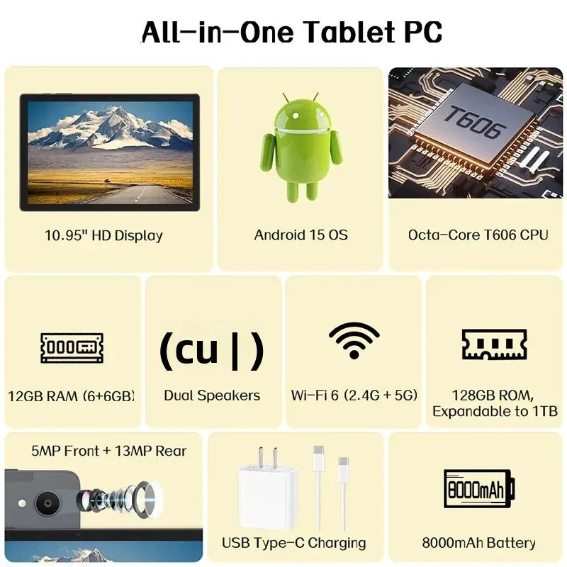 Android 15 10.95inch Tablet PC with High Capacity 8000mAh Battery, 12GB RAM +128GB ROM, 512GB Expand, Octa-core, GMS Certified