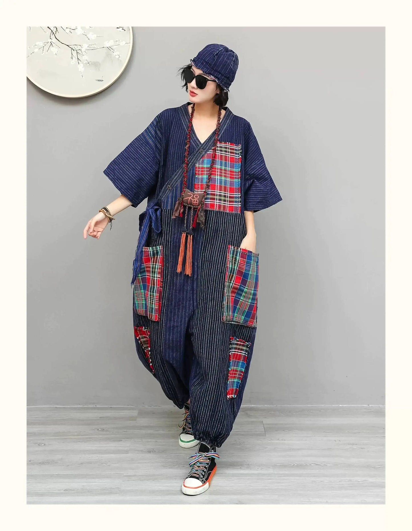 Women Plaid Jumpsuit Loose Wide Legs Short Sleeves Diagonal Buttons Straps Jumpsuit LX6229