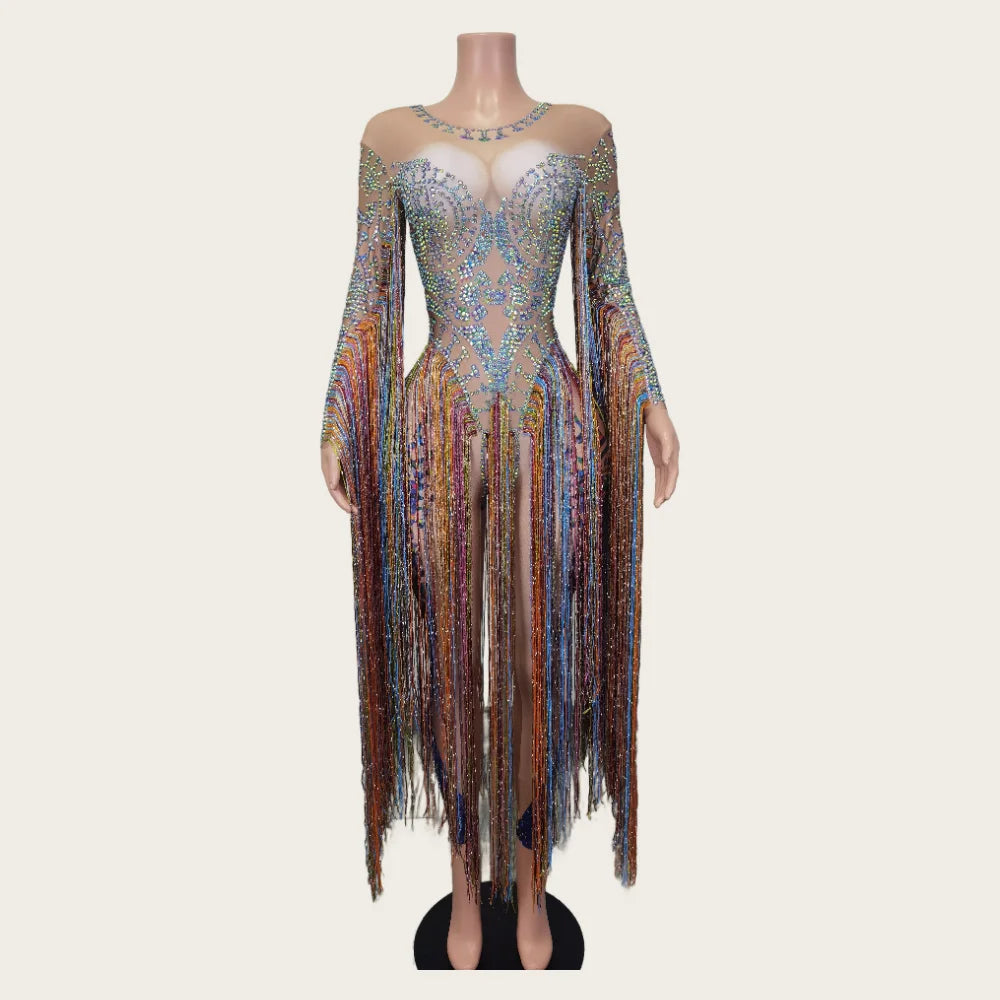 Fashion Rhinestone Tassel Rompers Women One Piece Jumpsuits Sexy Women Party Prom Stage Performance Dance Leotard Club Bodysuits