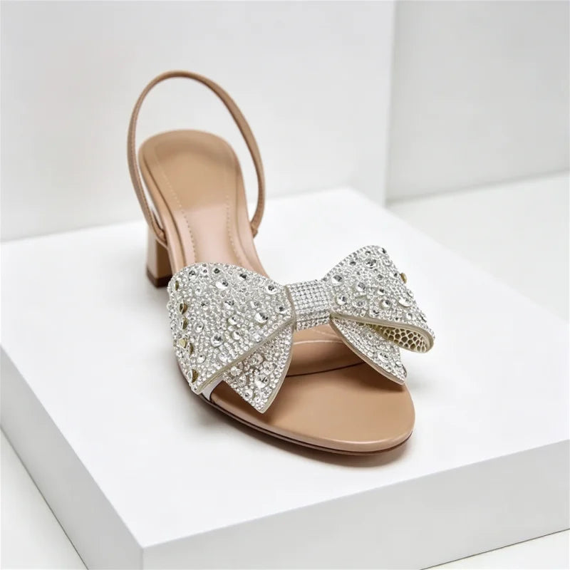 Luxury Glitter Rhinestone Bow Designer Heeled Sandals Women Summer Peep Toe Back Strap High Heels Elegant Party Wedding Shoes