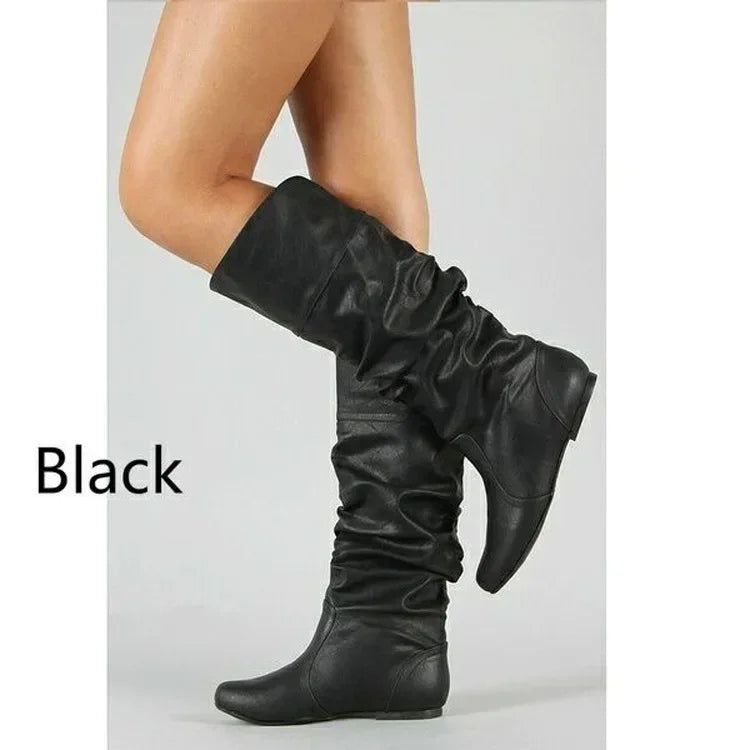 2025 New Women Flat Boots Fashion Pleated Leather Boots Autumn Winter Slip on Mid-Calf Shoes for Women Brand Designer High Boots