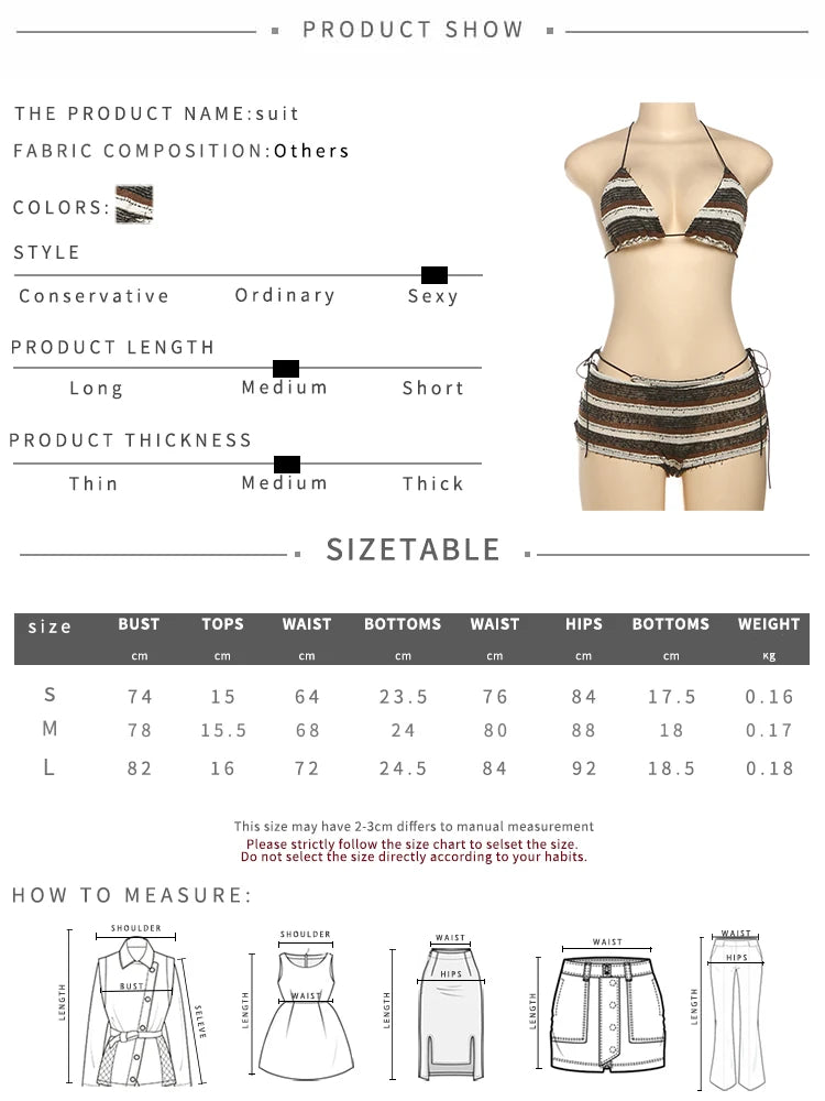 Weird Puss Ripped Tassel 3Piece Set Women Sexy Crochet Y2K Bandage Bra+Thong+Shorts Beach Vacation Midnight Club Party Swimsuit