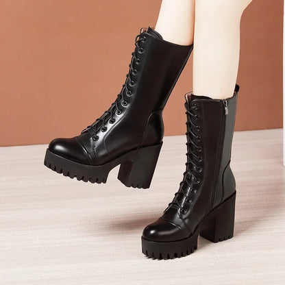 10cm Small Size 32-43 Fall Winter Genuine Leather Boots Platform Shoes 2026 Womens Block High Heels Mid Leg Boots Office Model