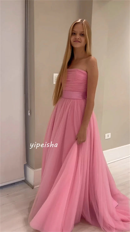 Customized Net Draped Sash Bow Graduation A-line Strapless Bespoke Occasion Gown Long Dresses
