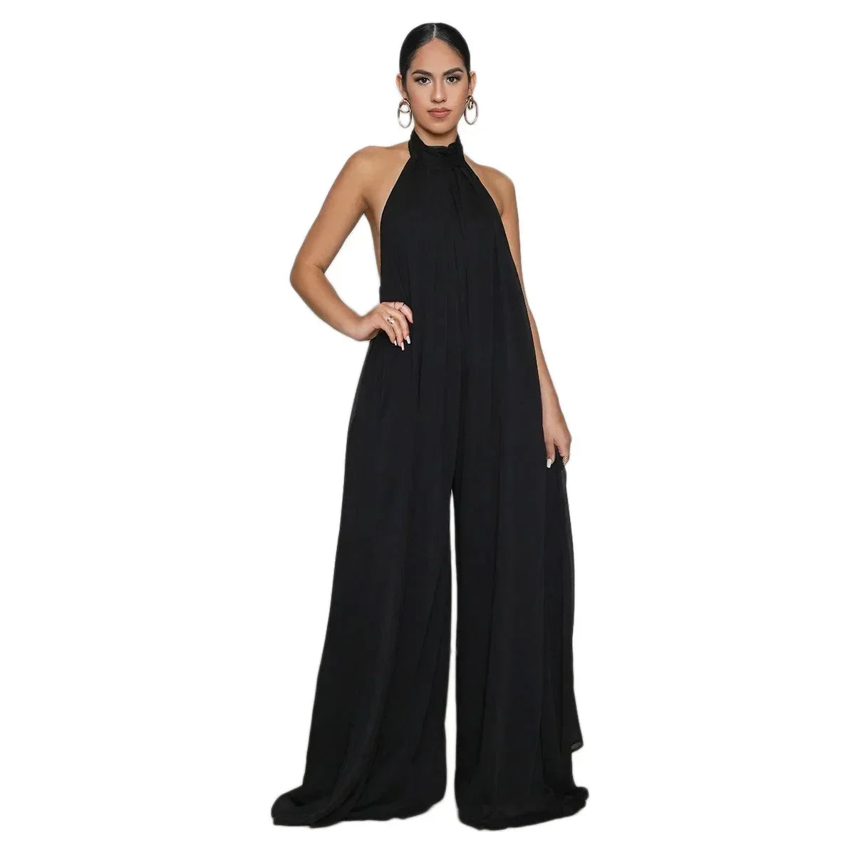 2026 New Women's Solid Chiffion Loose Halter Jumpsuits Sexy Backless Wide Leg Pants Rompers Fashion Party Elegant Women Clothing