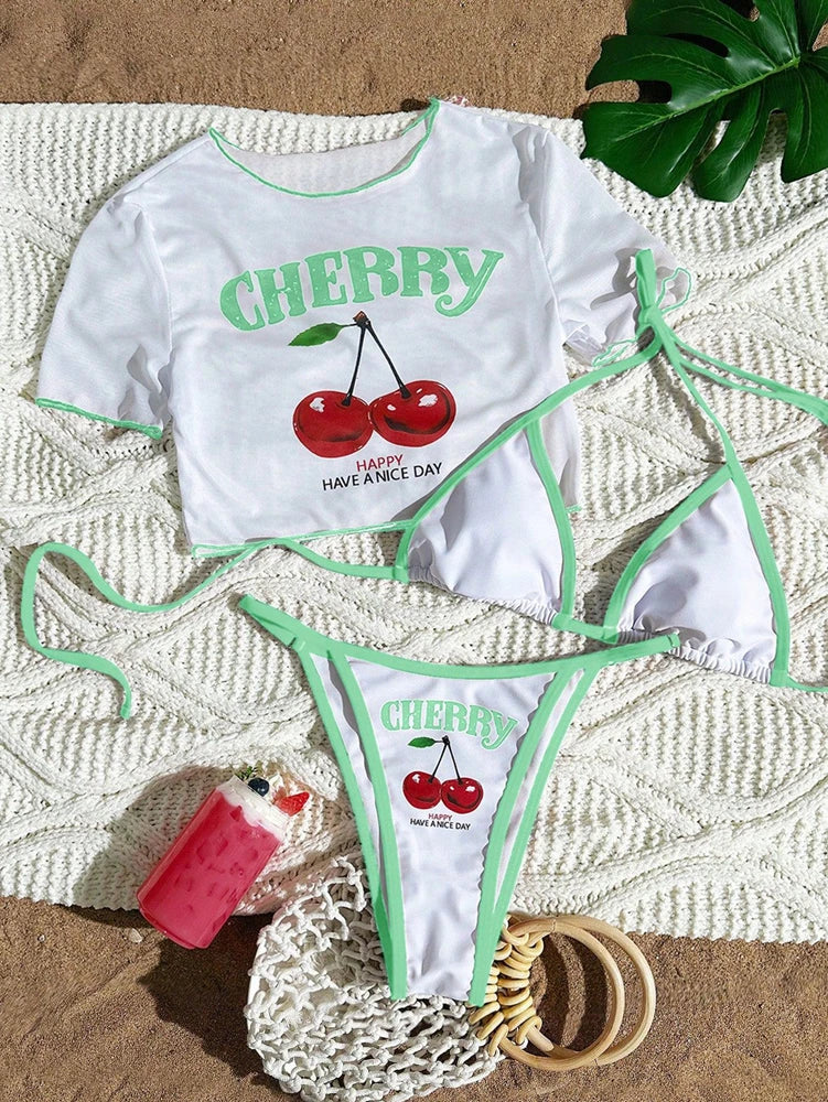 Cute Halter Bikini 3 Pieces Cherry Print 2026 Sexy & Fresh Feeling Bathing Suit Three-Piece Swimsuit Dark Blue Beach Swimwear