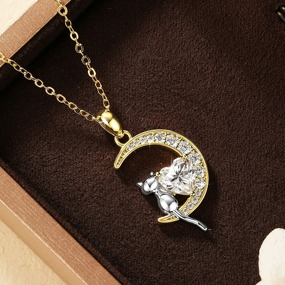 Celestinova GRA Certified 1.2ct Moissanite Moon Cat Pendant Necklace 14K Gold Plated Heart Cut Fine Jewelry Gift for Women
