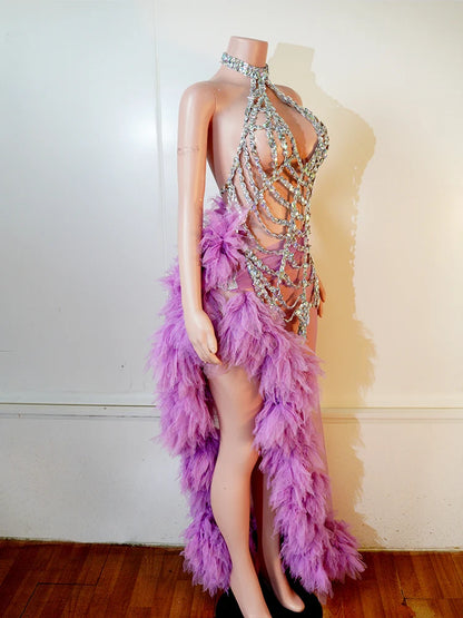 Sexy Purple Neck Hanging Spider Web 2PCS Set Gauze See-through Dress Carnival Performance Singer Dance Costume Drag Queen Stage