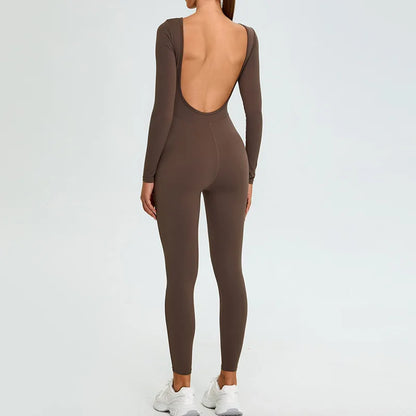 New Summer Sexy V Back Gym Sports Jumpsuit Yoga Clothes Rompers Women Long Sleeveles Workout Bodysuits Backless One-piece Suit